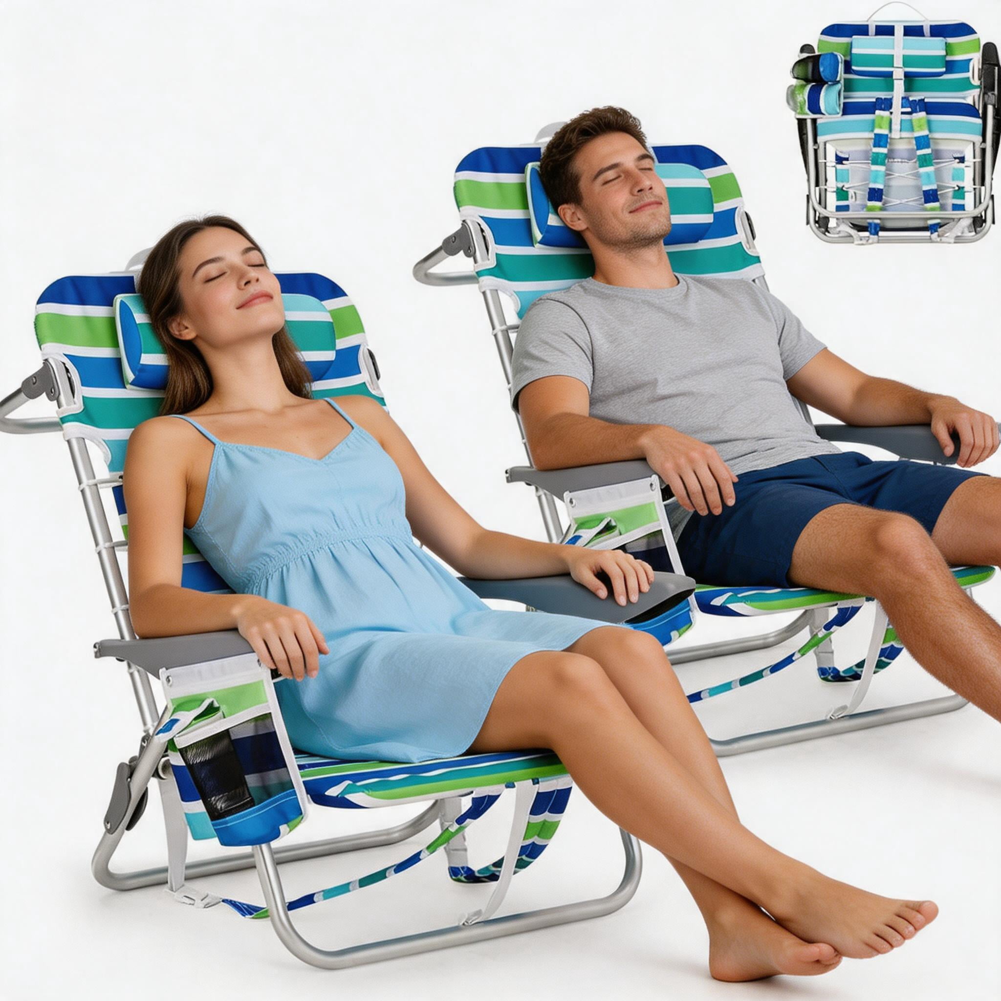 Riedhoff Folding Beach Chair 27 x 24 x 30", with Backpack Straps, Set of 2, Ocean Striped, Drawstring Style