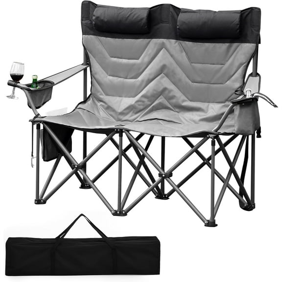 Riedhoff Folding Double Camping Chairs with High Back, Carrying Bag, Gray & Black