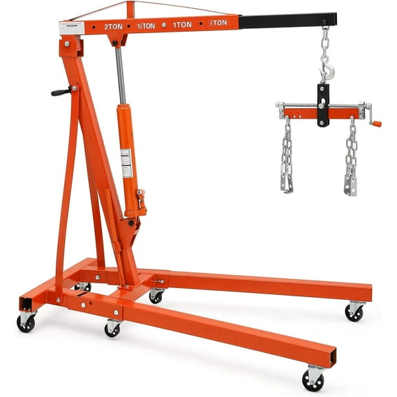 Riedhoff Folding Engine Hoist, Cherry Picker with Lever & 6 Casters, 2 Ton Max, Orange