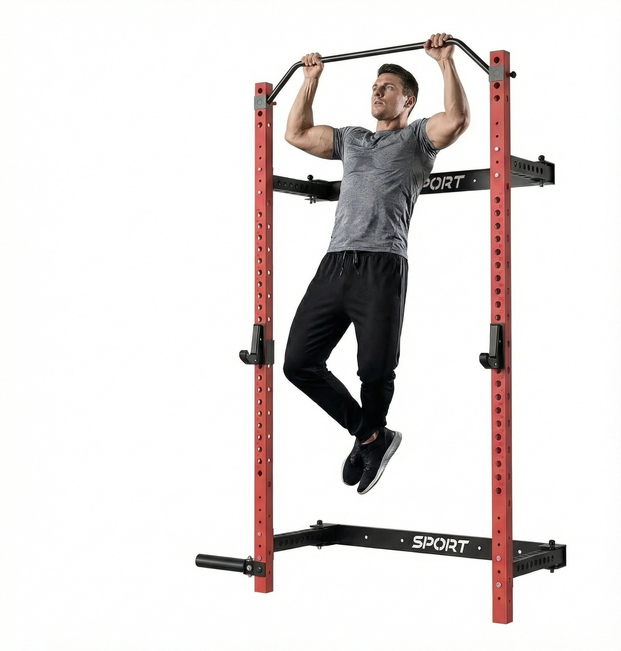 Riedhoff Folding Wall Mounted Squat Rack with Pull Up Bar, 47 x 22 x 89", Black & Red