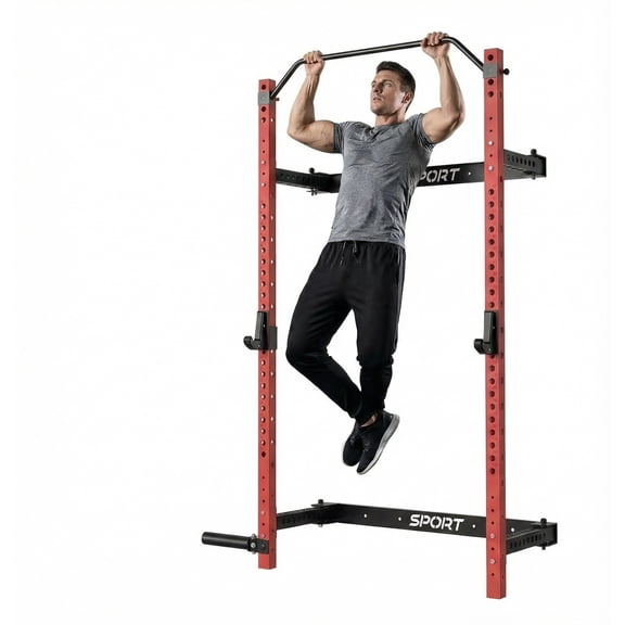 Riedhoff Folding Wall Mounted Squat Rack with Pull Up Bar, 47 x 22 x 89", Black & Red