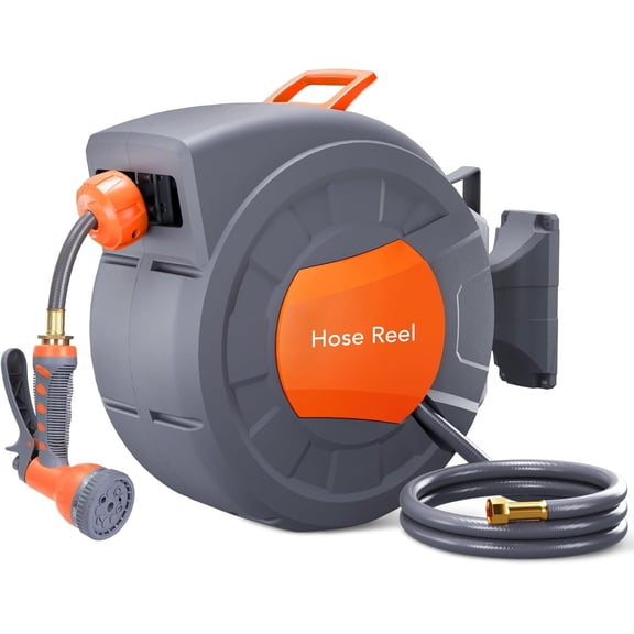 Riedhoff Garden Hose Reel 100' x 1/2", 9 Function Nozzle, 180° Swivel Wall Mount, Gray & Orange