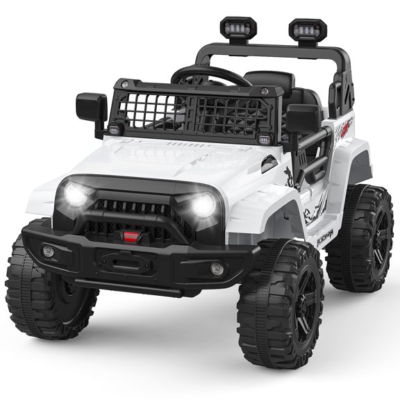 Goldensoil Kids 12V Electric Truck,3 Speeds,Spring Suspension Headlight,LED Lights,Remote,Music,White