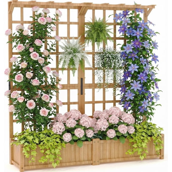 Riedhoff Large Planter Boxes with Trellis, Decorative Hanging Roof, 1.35' Planting Space, Oak