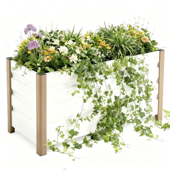 Riedhoff Metal Planter Box 39.3 x 15.7 x 17.7", Rounded Corners & Anti-Cut Edging, Drainage Holes, White