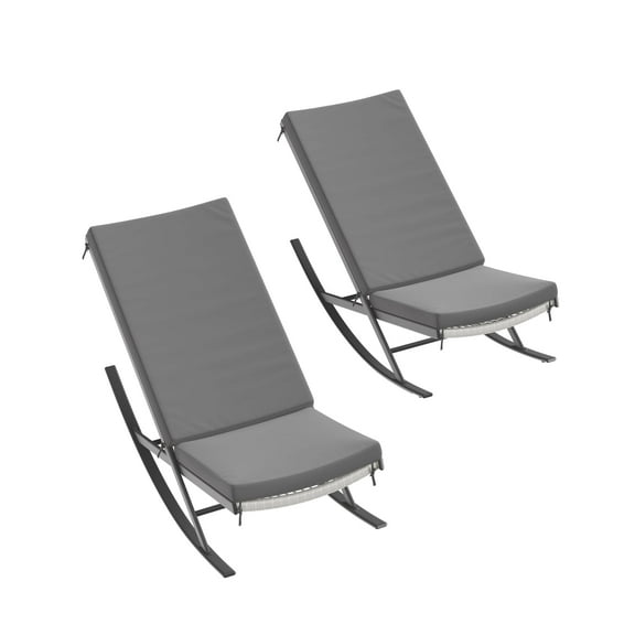 Riedhoff Outdoor Lounge Rocking Chairs Set of 2,Padded Cushion & Metal Frame & Rattan Seat,Grey