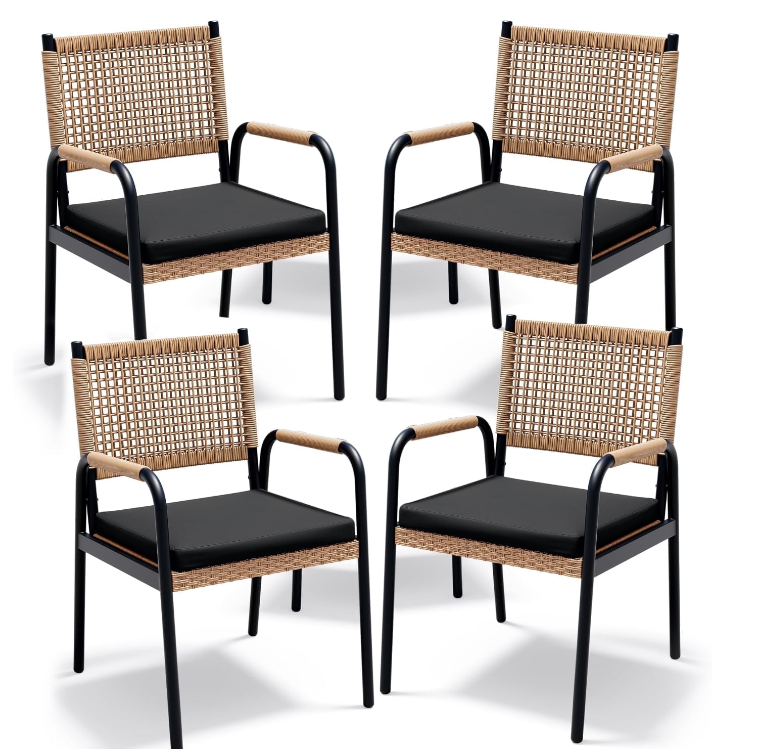 Riedhoff Outdoor Patio Dining Chair Set of 4, with 1.18" Cushions and Armrest, Black/Brown