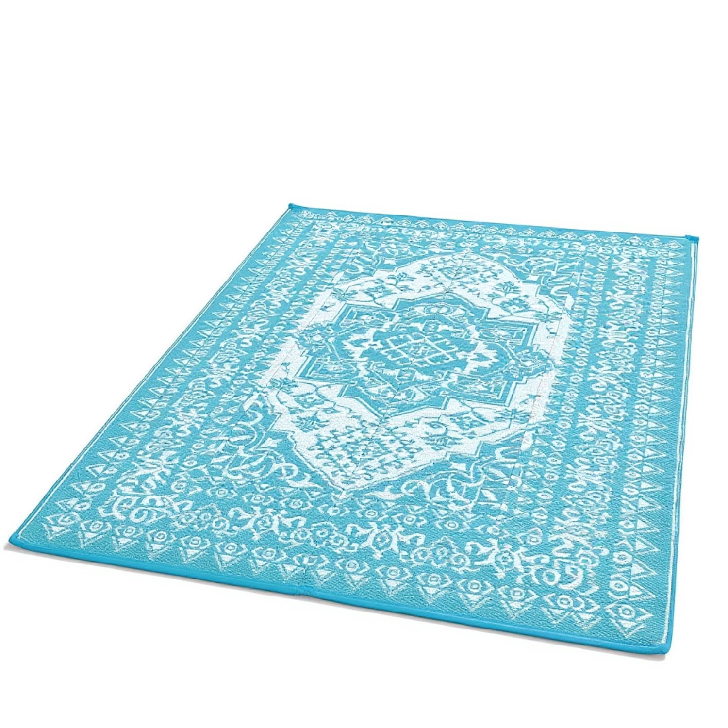Riedhoff Outdoor Rug 10' X 8', Reversible, Foldable, Light Blue & White Patterned