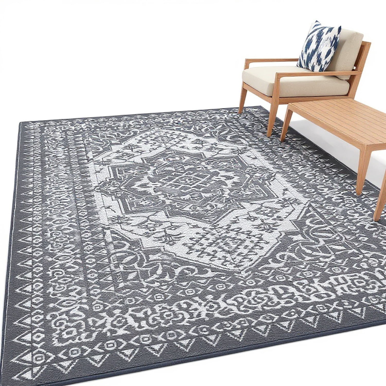 Riedhoff Outdoor Rug 12' X 9', Reversible, Foldable, Gray & White Patterned
