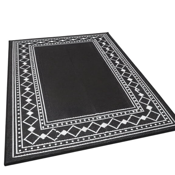Riedhoff Outdoor Rug 9' x 18', Geometric, Black & White