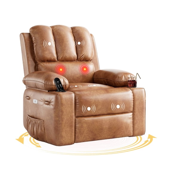 Goldensoil Oversized 27 inch Electric Recliner, with Heat and Massage, 360° Swivel Faux, Brown