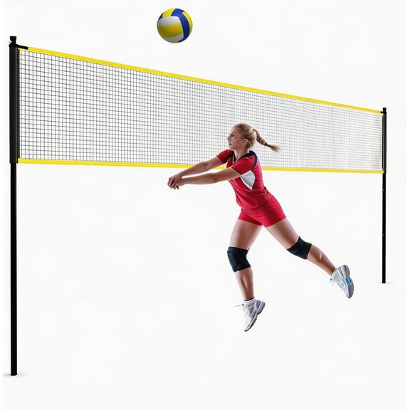 Riedhoff Portable 32 ft x 8 ft Outdoor Volleyball Net Set, with Adjustable Height, Yellow & Black