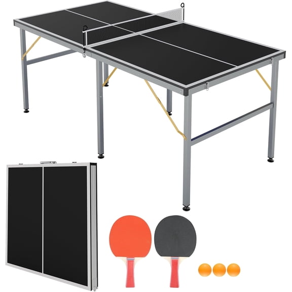 Riedhoff Portable Table Tennis Table, Ultra-Compact Design with Net, 2 Paddles & 3 Balls, 72 x 36", Black