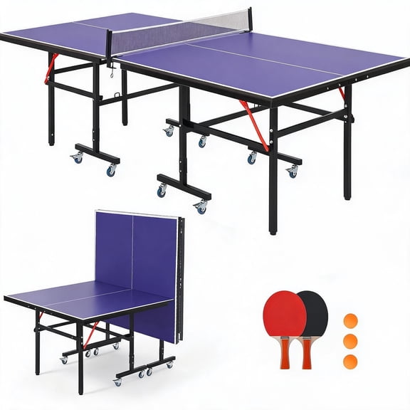 Riedhoff Portable Table Tennis Table with 2 Paddles & 3 Balls, 96 x 48 x 30 inch, Blue