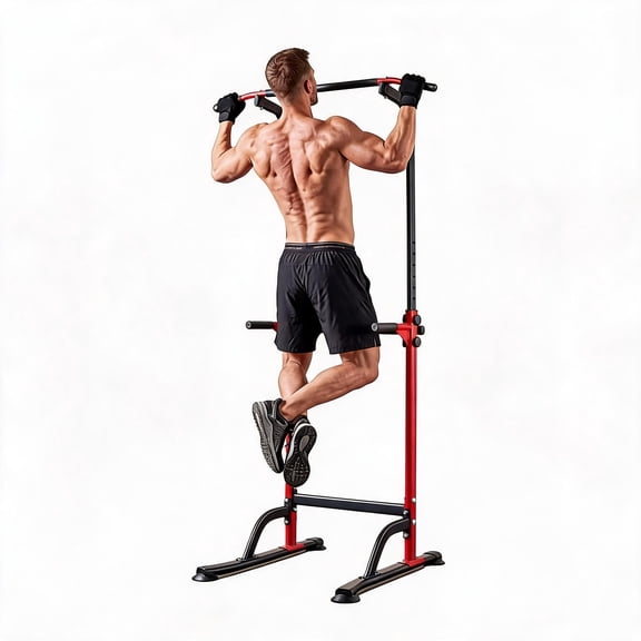 Riedhoff Power Tower Workout Station, Adjustable Pull Up Bar with Dip Bars, 10 Height Levels, Red