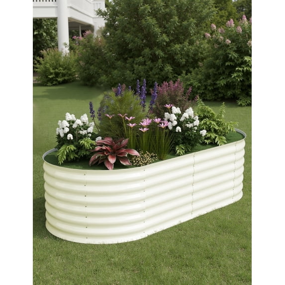 Goldensoil 6x3x2ft Galvanized Raised Garden Bed, Oval Planter Box for Vegetables,Flowers,Beige