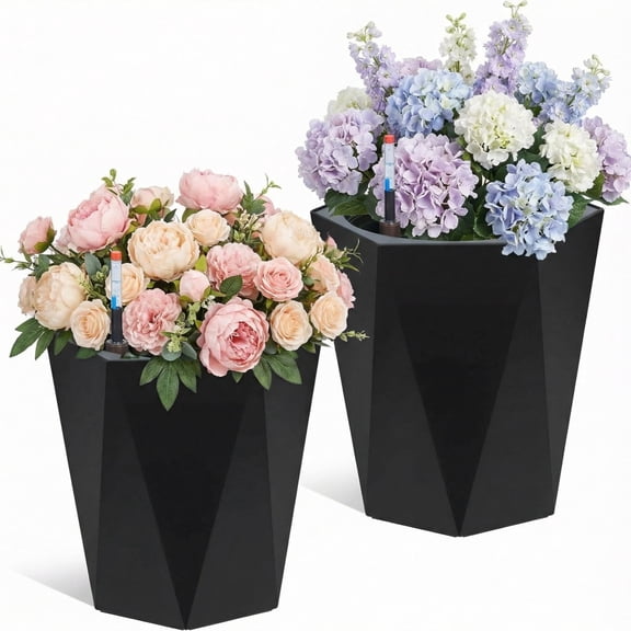 Riedhoff Self-Watering Planter Pots Set of 2, 16" Tall, Water Level Monitor, Drainage Holes, Black