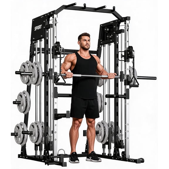 Riedhoff Smith Machine Home Gym PC2001, All in One, 2200lbs Squat Rack Power Cage, Black
