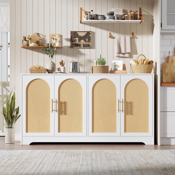Riedhoff  Storage Console Table,Sideboard Buffet Cabinet with 4 Rattan Doors, 59"x15.6"x31.5", White