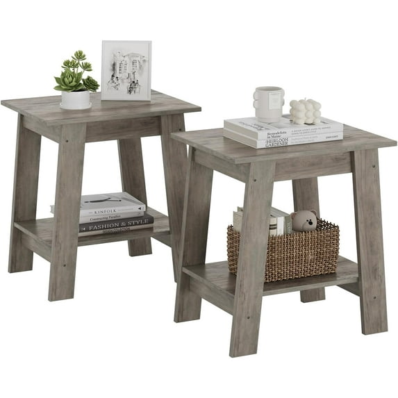 Riedhoff Wooden End Table, Farmhouse 2-Layer Storage Shelves, 15.51 x 11.81 x 18.98", 2 Piece, Gray