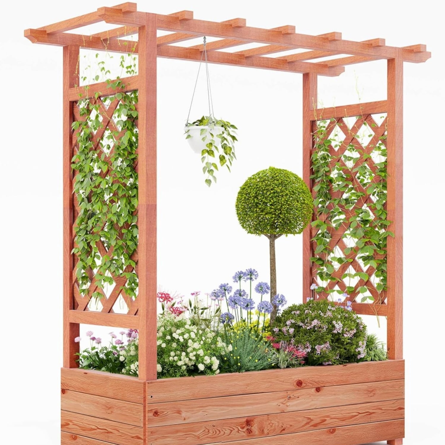 Riedhoff Wooden Raised Garden Bed with Trellis, Hanging Roof & Side Trellis, 79 x 17 x 45"