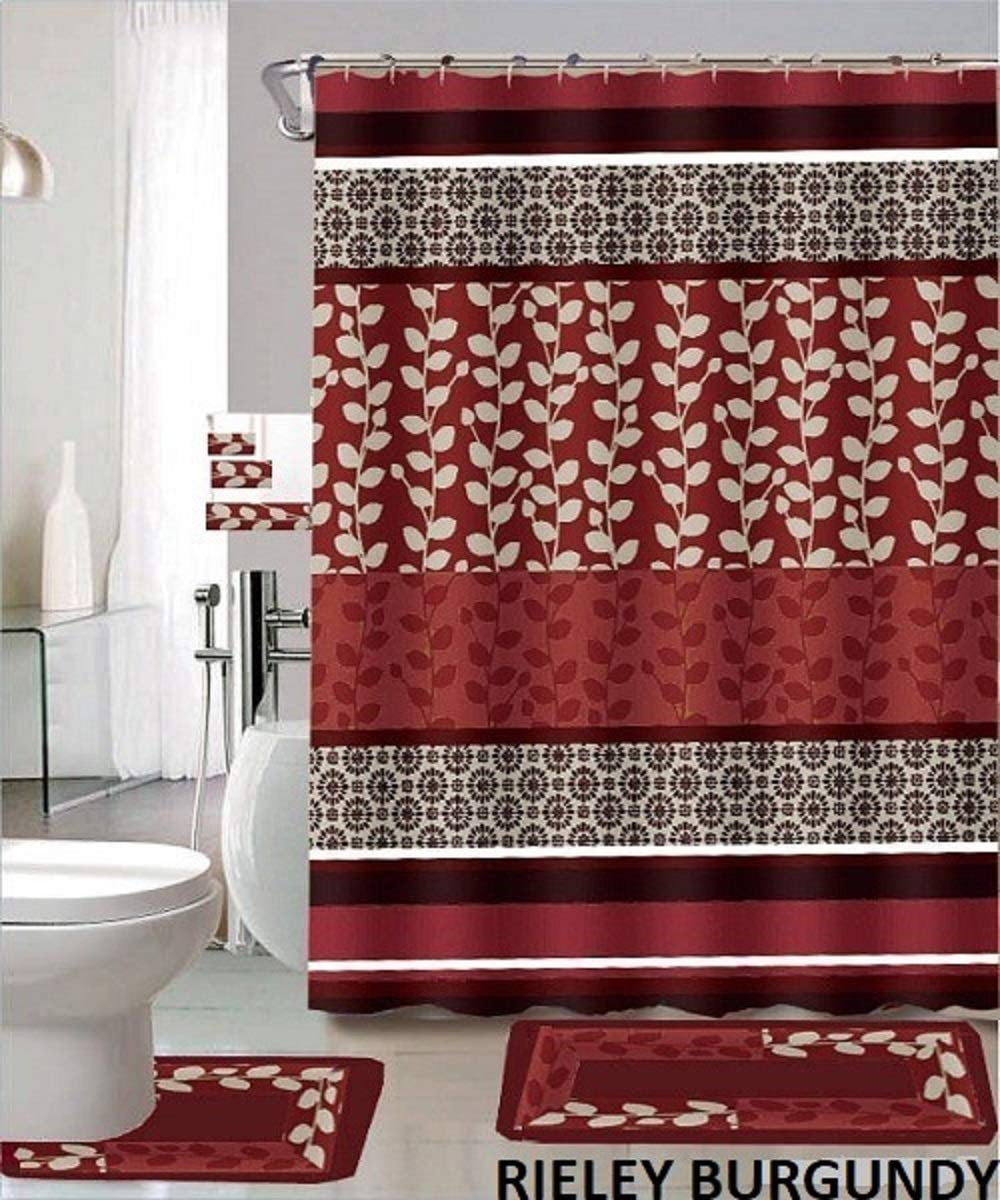 Riely Complete Bath Set 18 Piece Matching Accessories 2 Rugs 1 Shower Curtain 12 Rings 3 Towels Burgundy Walmart