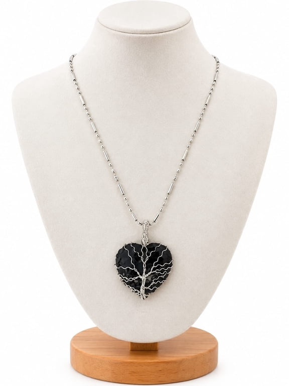 Black Obsidian Heart Shape Pendent for Women, Natural Stone Heart Necklace, Silver Tone Chain, Wire Wrapped Crystal Pendant, Gemstone Spiritual Fashion Jewelry