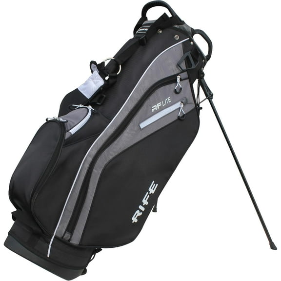 Rife RF-LITE Golf Stand Bag 9" 7-Way Divider Top, Putter Compartment, Lightweight Dobby Nylon, Black/Gray with Hydration Sleeve & Rain Hood
