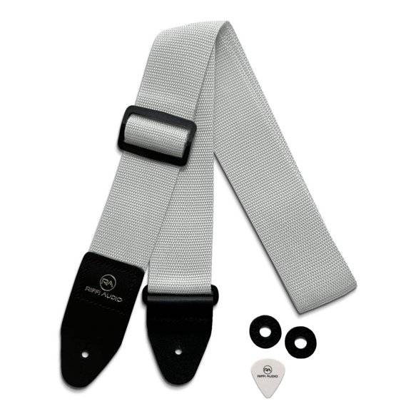 Riffi Audio Guitar & Bass Strap White with Pick and Strap Locks 2-Inch