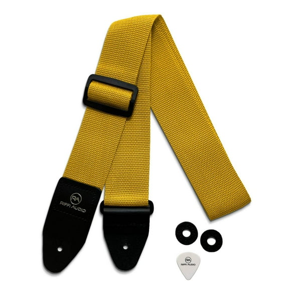 Riffi Audio Guitar & Bass Strap Yellow with Pick and Strap Locks 2-Inch