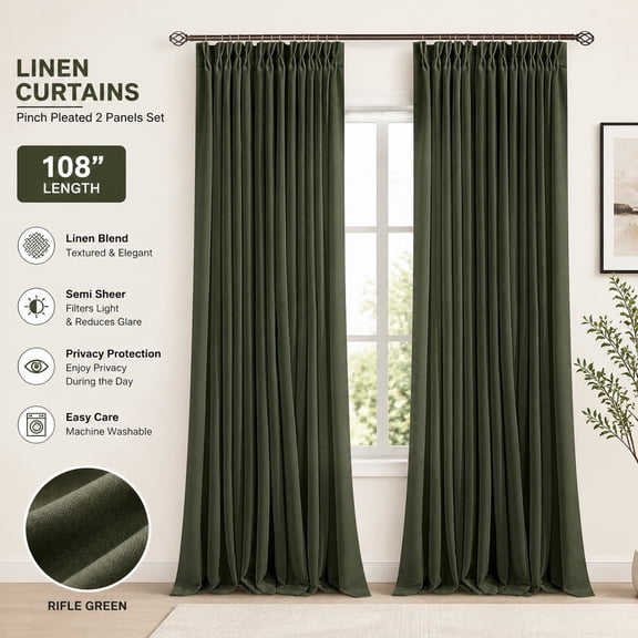 Rifle Green Linen Curtains 102 Inch Pinch Pleated Drapes with Hooks Rings for Traverse Rods Semi Sheer Olive Hunter Forest Green Draperies
