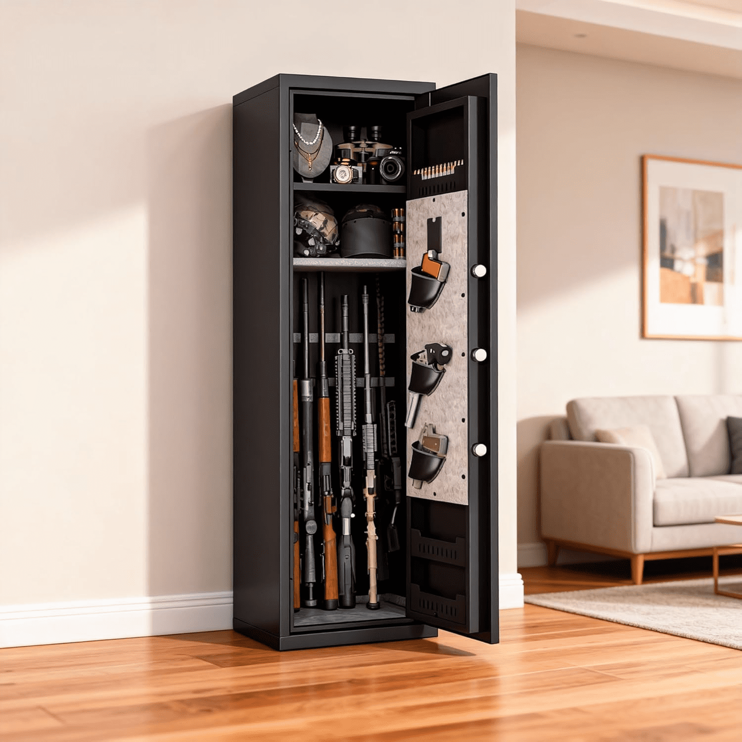 Rifle Safe, 10-13 Large Gun Safe for Rifles and Pistols, No Assembly Required, Adjustable Metal Gun Cabinet, Rifle Safes for Home, Biometric Fingerprint Locking Safe