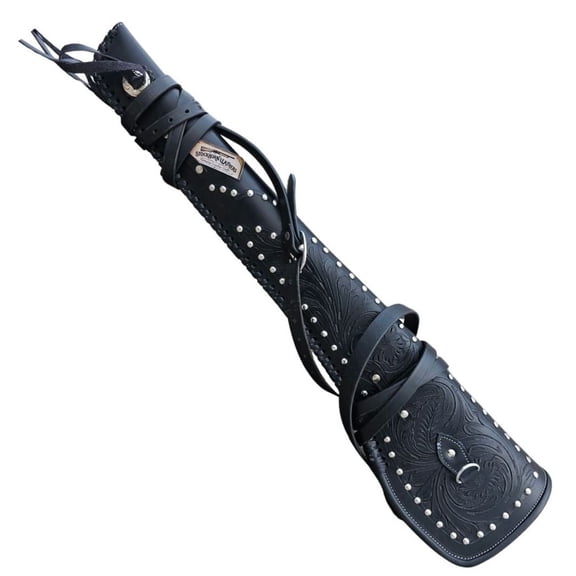 Rifle Scabbard Full Grain Leather Western Saddle Gun Cover Hand Tooled Embossed Design Adjustable Carry Strap Horseback ATV Hunting Ranch Sleeve