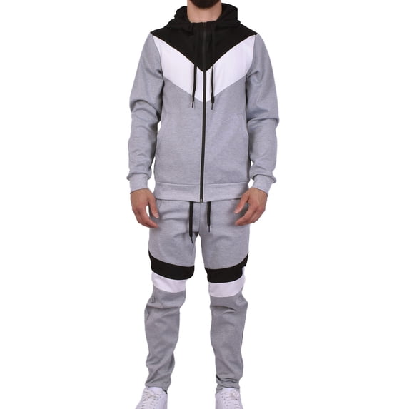 Riflessi Men's Athletic Sports Casual 2 Piece Color Block Tracksuit Hoodie Jogger Pants Sweatsuit Set (H.Grey/White/Black, M)