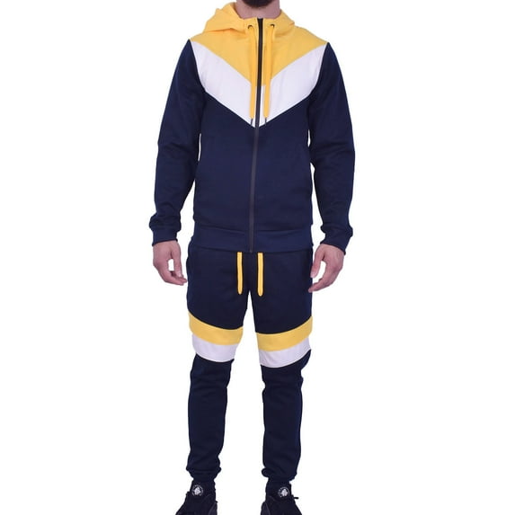 Riflessi Men's Athletic Sports Casual 2 Piece Color Block Tracksuit Hoodie Jogger Pants Sweatsuit Set (Navy/White/Yellow, M)