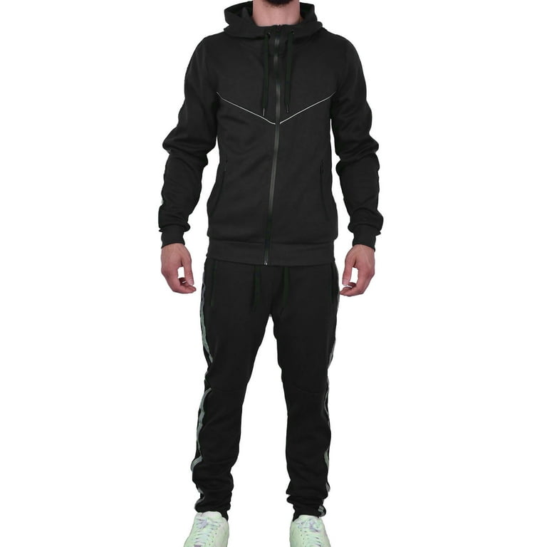 Riflessi Men's Athletic Sports Casual 2 Piece Reflective Tracksuit Hoodie  Jogger Pants Sweatsuit Set (Black, S)