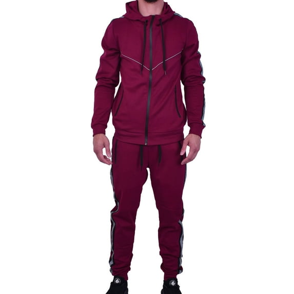 Riflessi Men's Athletic Sports Casual 2 Piece Reflective Tracksuit Hoodie Jogger Pants Sweatsuit Set (Burgundy, XL)