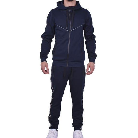 Riflessi Men's Athletic Sports Casual 2 Piece Reflective Tracksuit Hoodie Jogger Pants Sweatsuit Set (Navy, S)