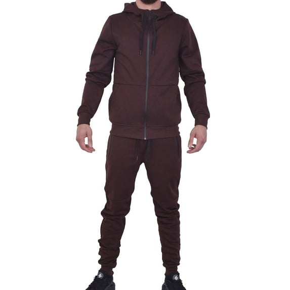 Riflessi Men's Athletic Sports Casual 2 Piece Solid Color Tracksuit Hoodie Jogger Pants Sweatsuit Set (Brown, XL)
