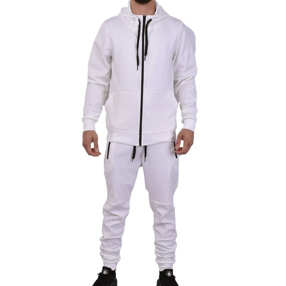 Riflessi Men's Athletic Sports Casual 2 Piece Solid Color Tracksuit Hoodie Jogger Pants Sweatsuit Set (Off White, M)