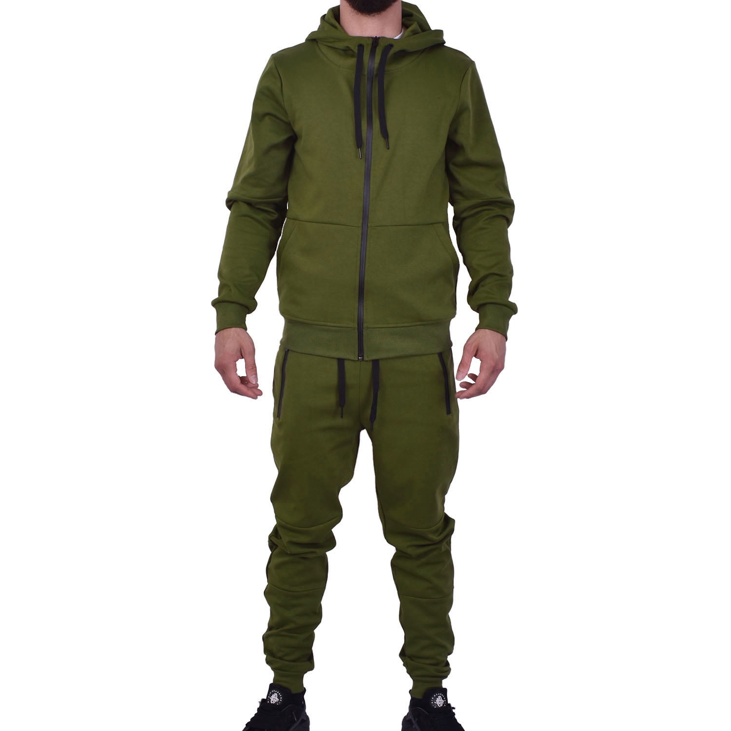 Riflessi Men s Athletic Sports Casual 2 Piece Solid Color Tracksuit Hoodie Jogger Pants Sweatsuit Set Olive XL