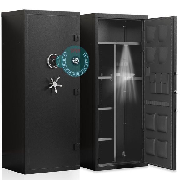 Riflewell 51.96" Large Gun Safe for 10-15 Firearms, Biometric Fingerprint Cabinet with Adjustable Shelves, Magnetic Light & Silent Mode