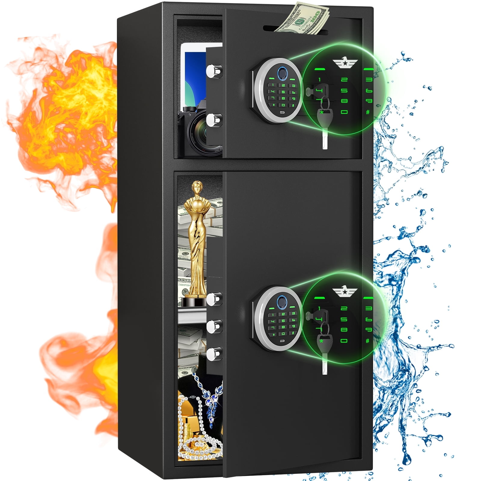 Riflewell 6.5 Cub Waterproof Fireproof Large Safe Box with Depository Drop Slot, Double Door Biometric Safe with Removable Shelf and Mute Function for Documents Cash Jewelry Valuables