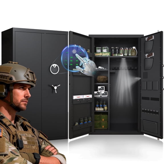 Large Home Gun Cabinet, Fingerprint Recognition and Backlit Keypad, 4 Opening Methods, Dual Alarm System, Removable Shelves and Led Lights, All-Steel Anti-Theft Design