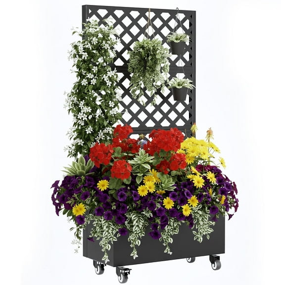 Riflewell Metal Planter Box With Trellis, With Privacy Screen, 72''x36''x16'' Outdoor Privacy Screen Planter For Climbing Plants/Vegetables/Vines, With Drainage Holes & Lockable Wheels, 1 PCS