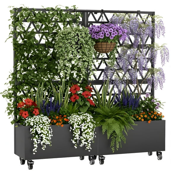 Riflewell Metal Raised Garden Bed with Trellis & Planter Box, 72''x36''x16'' Outdoor Privacy Screen Planter for Climbing Plants/Vegetables/Vines, with Drainage Holes & Lockable Wheels , 2-pcs