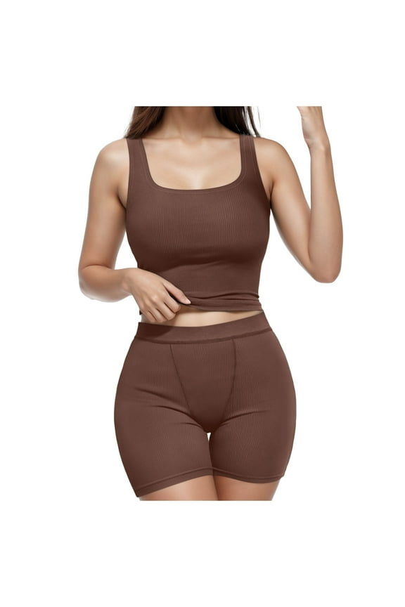 2 Piece Sets for Women Matching Workout Set Cropped Tank Tops and High Waist Yoga Leggings Active Wear Sets for Women 2 Pieces Brown XL