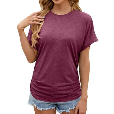 Riforla 2024 Spring/Summer New Solid Round Neck Loose Short Sleeved T Shirt Top for Women for Women Long Sleeve Cheer Shirt Red S