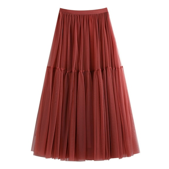 Riforla Autumn and Winter Skirt Female Half Swing Long Skirt High Waist Cake Mesh Skirts for Women Trendy Brick Red One Size