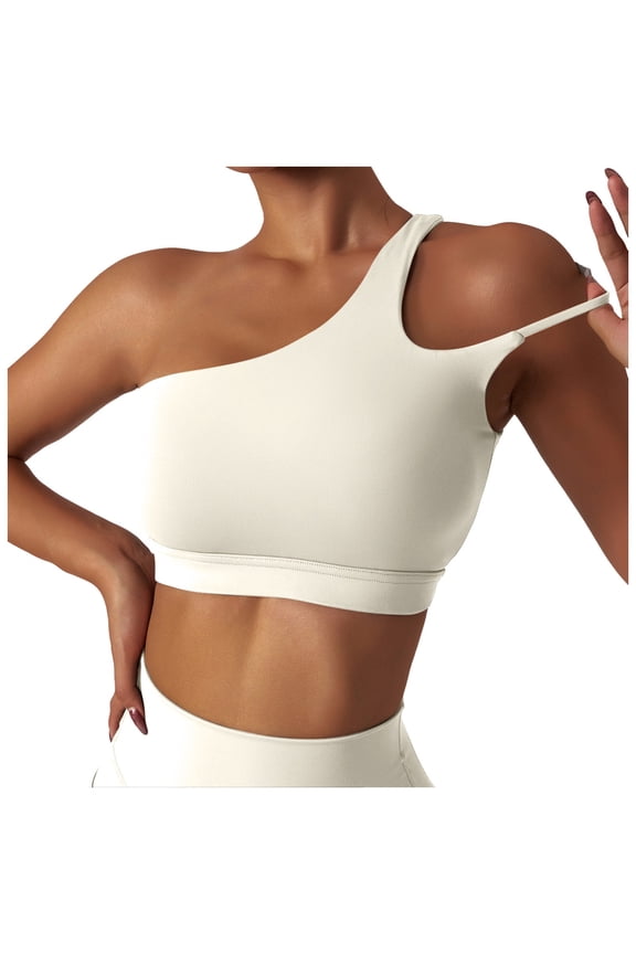 Backless Sports Bra Women's One Shoulder Padded Bustier Push up Gym Tops Straps Yoga Bra Workout Bra Fitness Bralette Bras for Women Beige S